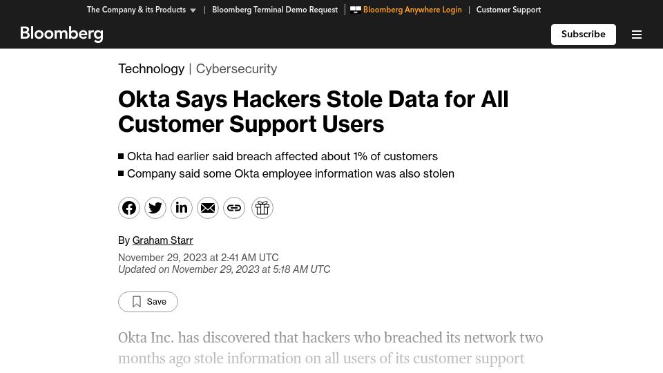 Screenshot of bloomberg.com: Okta Says Hackers Stole Data for All Customer Support Users