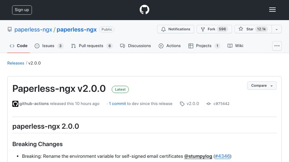Screenshot of github.com: Paperless-Ngx v2.0.0