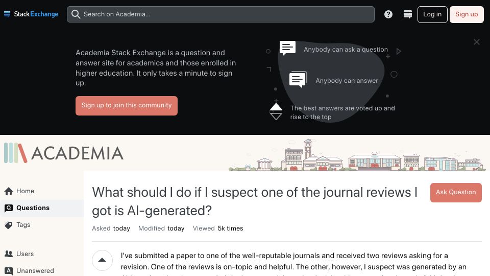 Screenshot of academia.stackexchange.com: What should I do if I suspect one of the journal reviews I got is AI-generated?