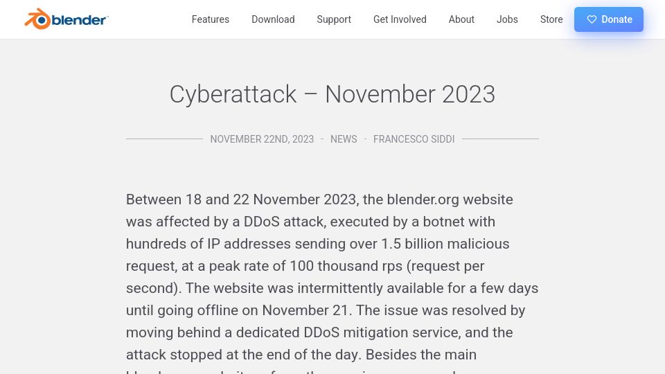 Screenshot of blender.org: Cyberattack – November 2023