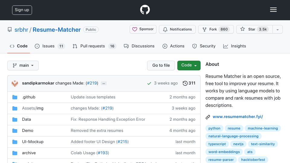 Screenshot of github.com: Show HN: Resume Matcher – An open source, free tool to improve your resume