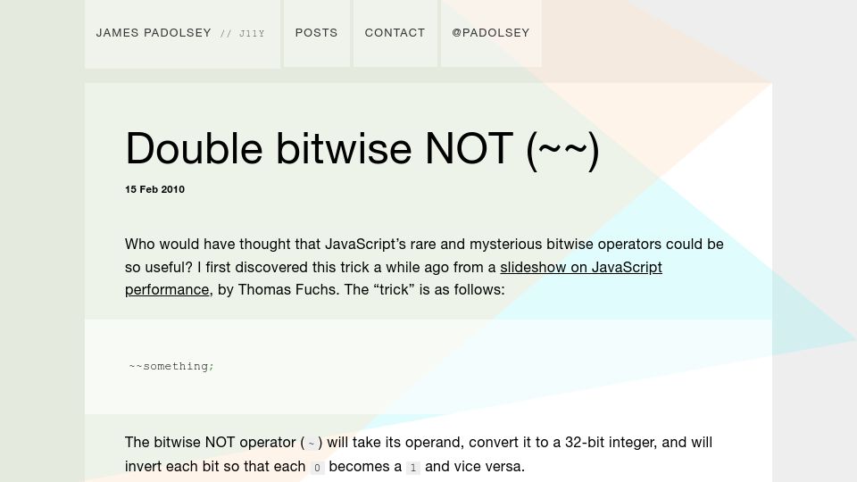 Screenshot of j11y.io: JavaScript: Double Bitwise Not (~~) (2010)