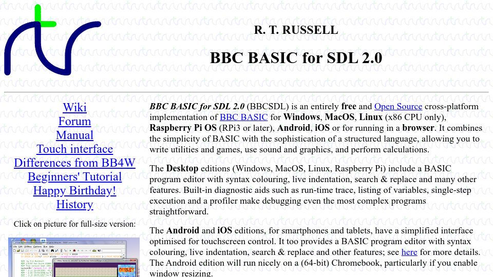 Screenshot of bbcbasic.co.uk: BBC Basic returns on multiple platforms, open sourced