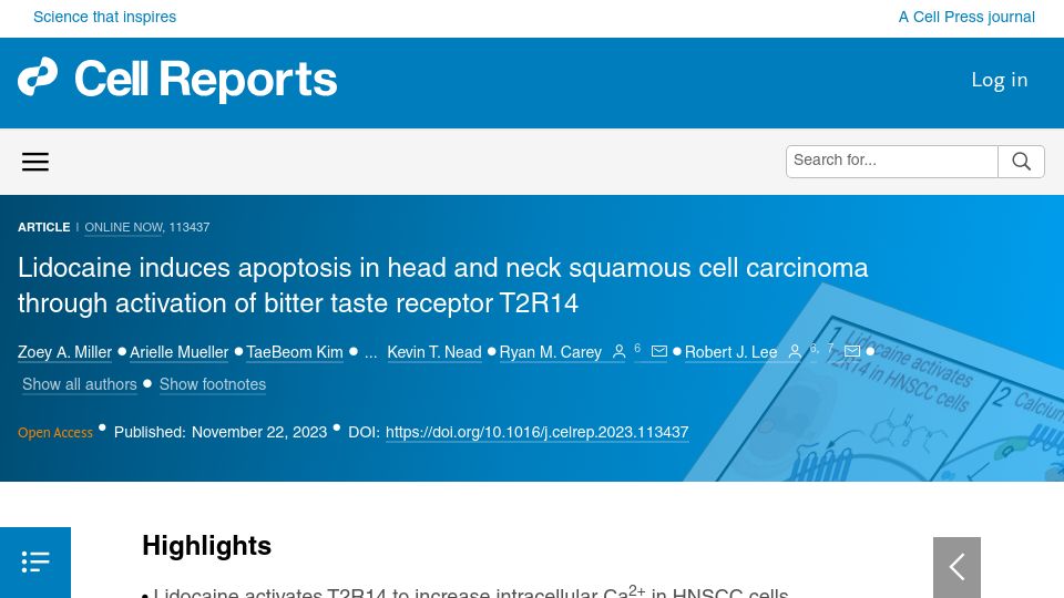 Screenshot of cell.com: Lidocaine induces apoptosis in head and neck squamous cell carcinoma