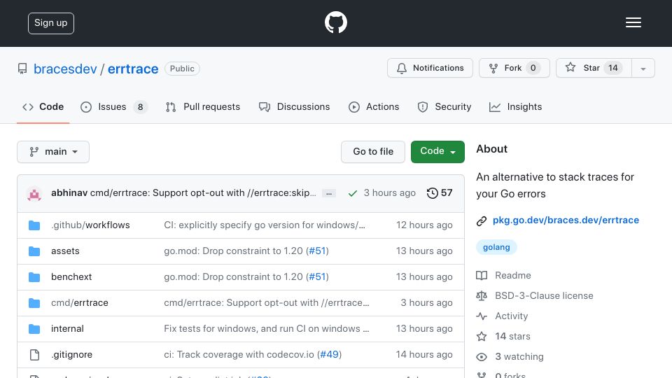 Screenshot of github.com: Show HN: Error return traces for Go, inspired by Zig