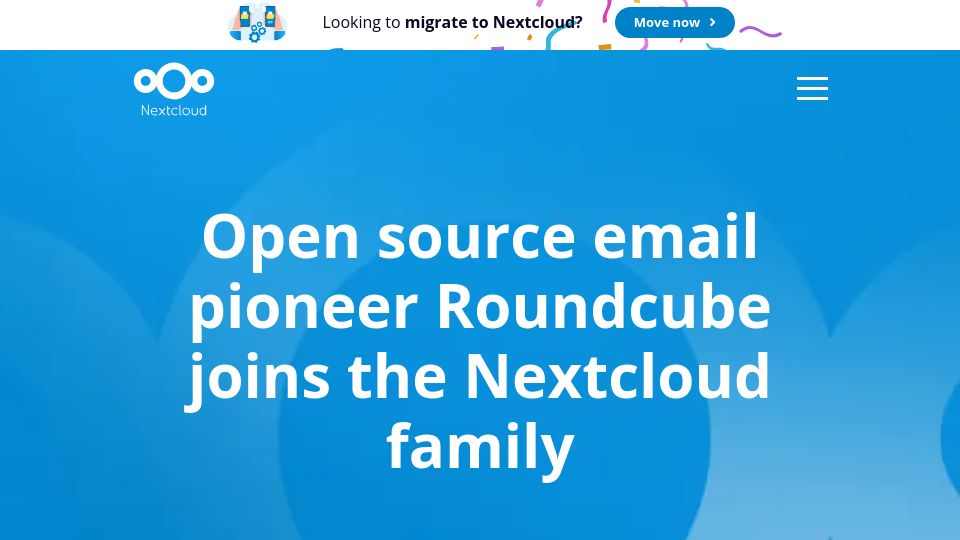 Screenshot of nextcloud.com: Open source email pioneer Roundcube joins the Nextcloud family