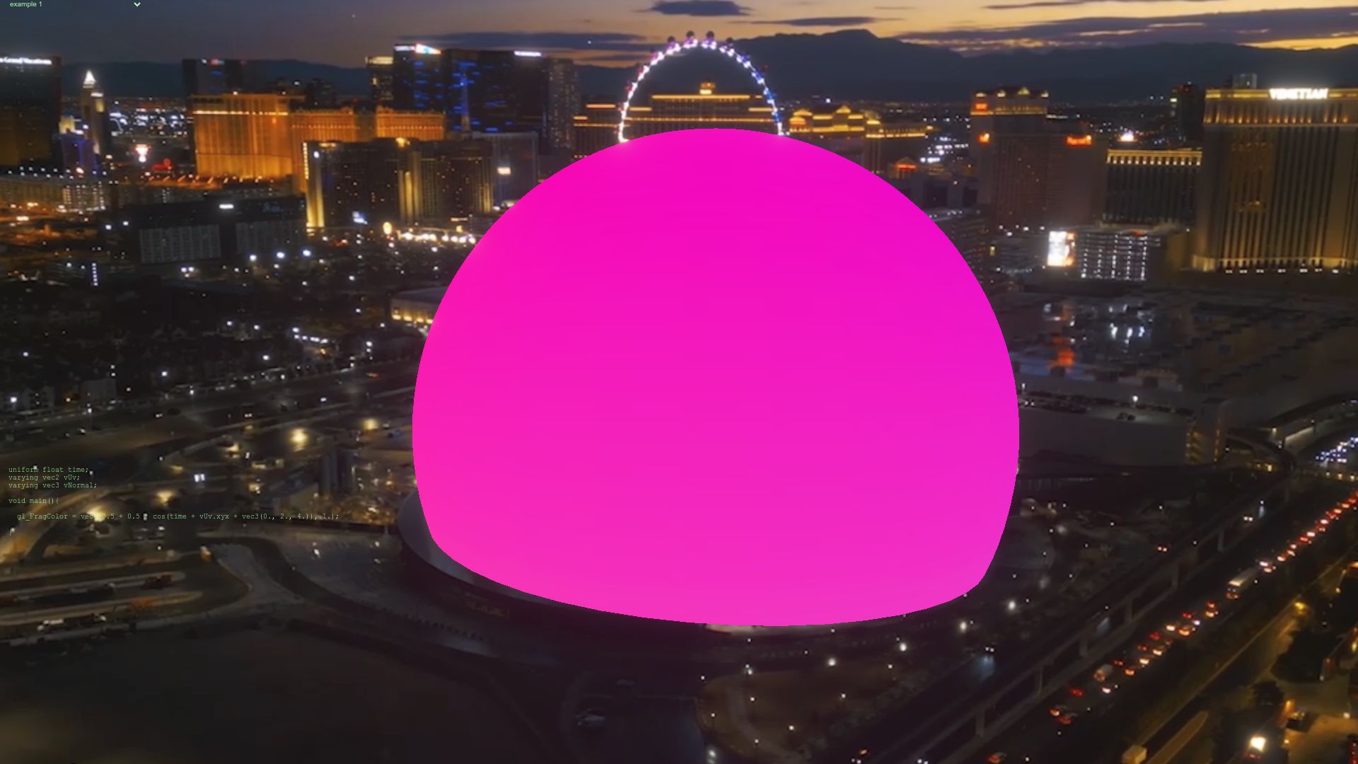 Screenshot of whenistheweekend.com: Write shaders for the (sim) Vegas sphere