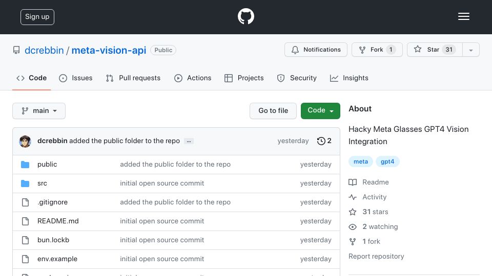 Screenshot of github.com: Show HN: Hacky Meta Glasses GPT4 Vision Integration