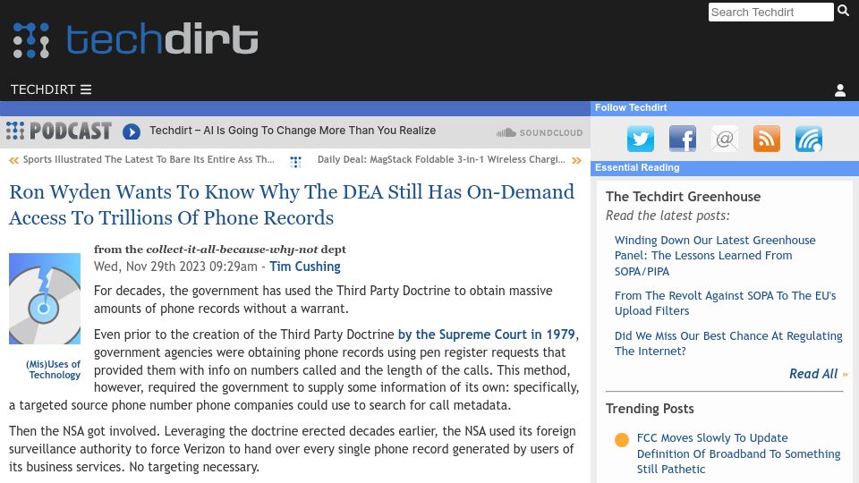 Screenshot of techdirt.com: Why Does the DEA Still Have On-Demand Access to Trillions of Phone Records?