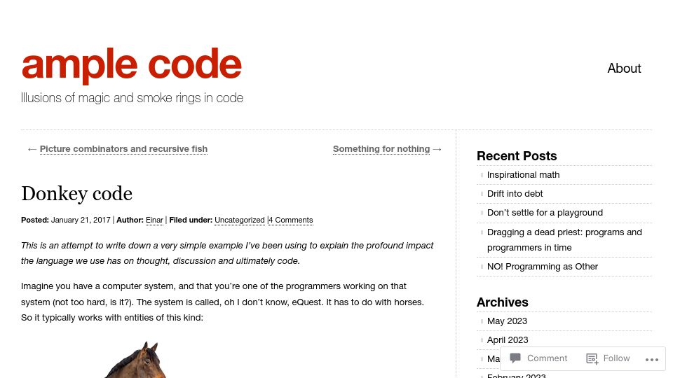 Screenshot of einarwh.wordpress.com: Donkey code