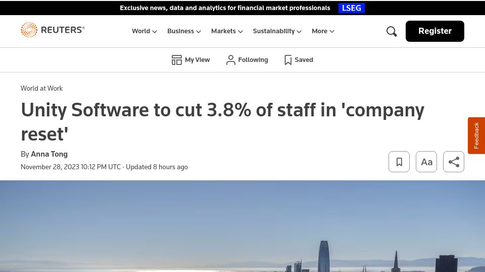 Screenshot of reuters.com: Unity Software to cut 3.8% of staff in 'company reset'