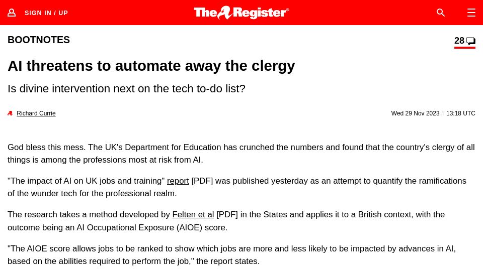 Screenshot of theregister.com: AI threatens to automate away the clergy