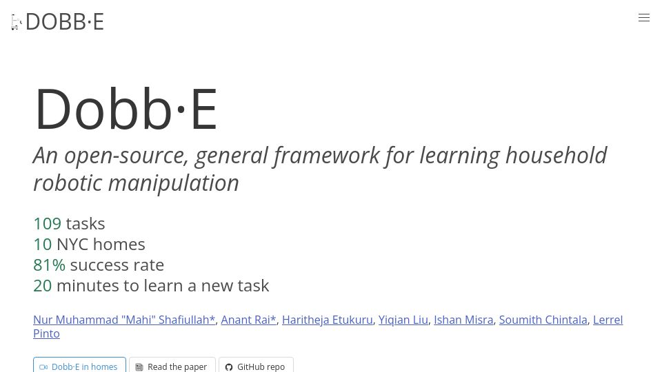 Screenshot of dobb-e.com: Show HN: Dobb·E – towards home robots with an open-source platform
