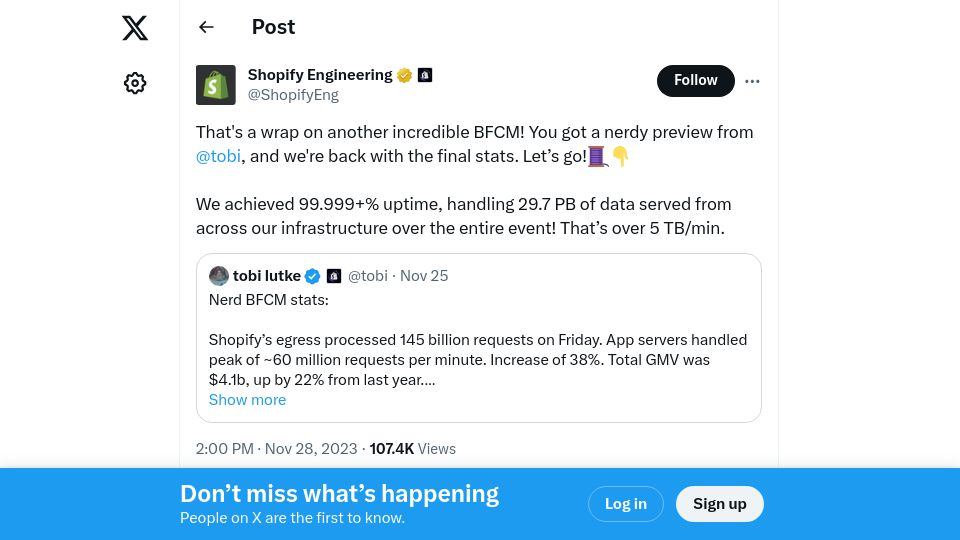 Screenshot of twitter.com: Shopify Ruby on Rails distributed monolith runs 19M queries per second on MySQL