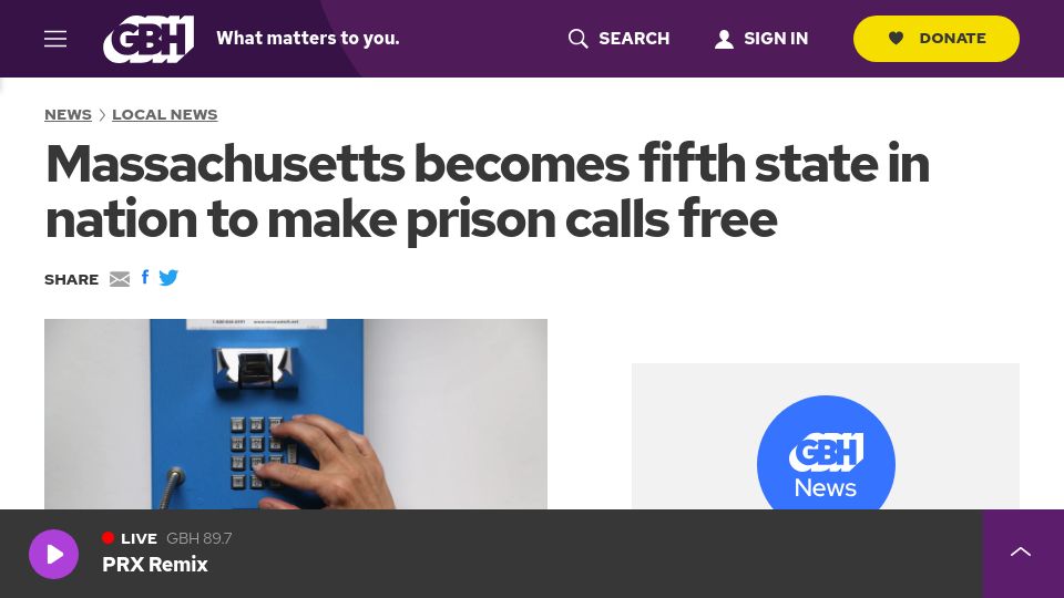 Screenshot of wgbh.org: Massachusetts becomes fifth state to make prison calls free