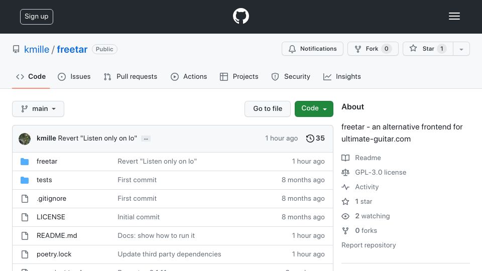 Screenshot of github.com: Freetar – an alternative front end for ultimate-guitar.com