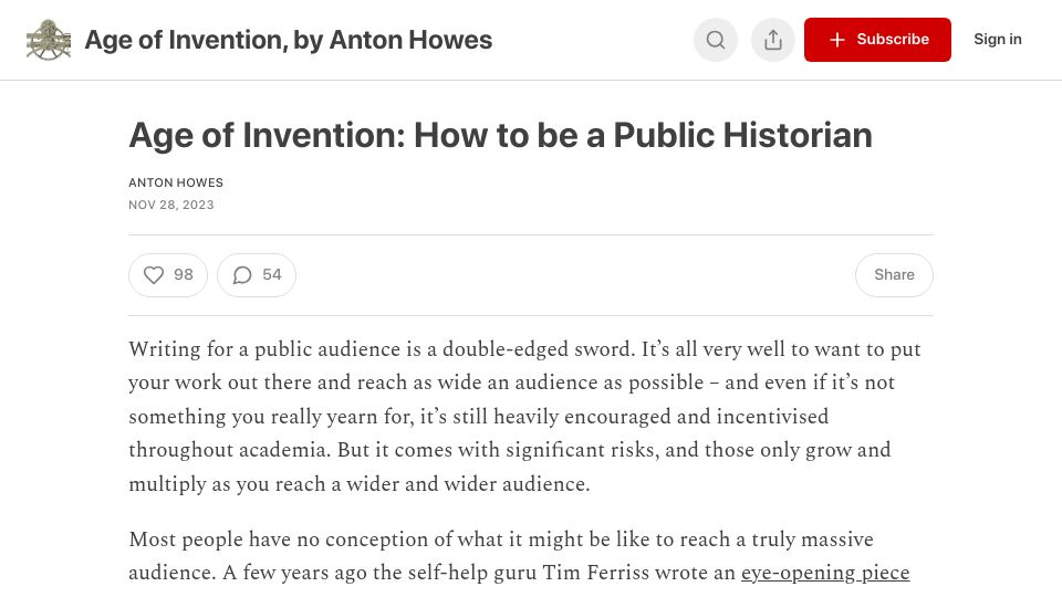 Screenshot of ageofinvention.xyz: Being a public historian