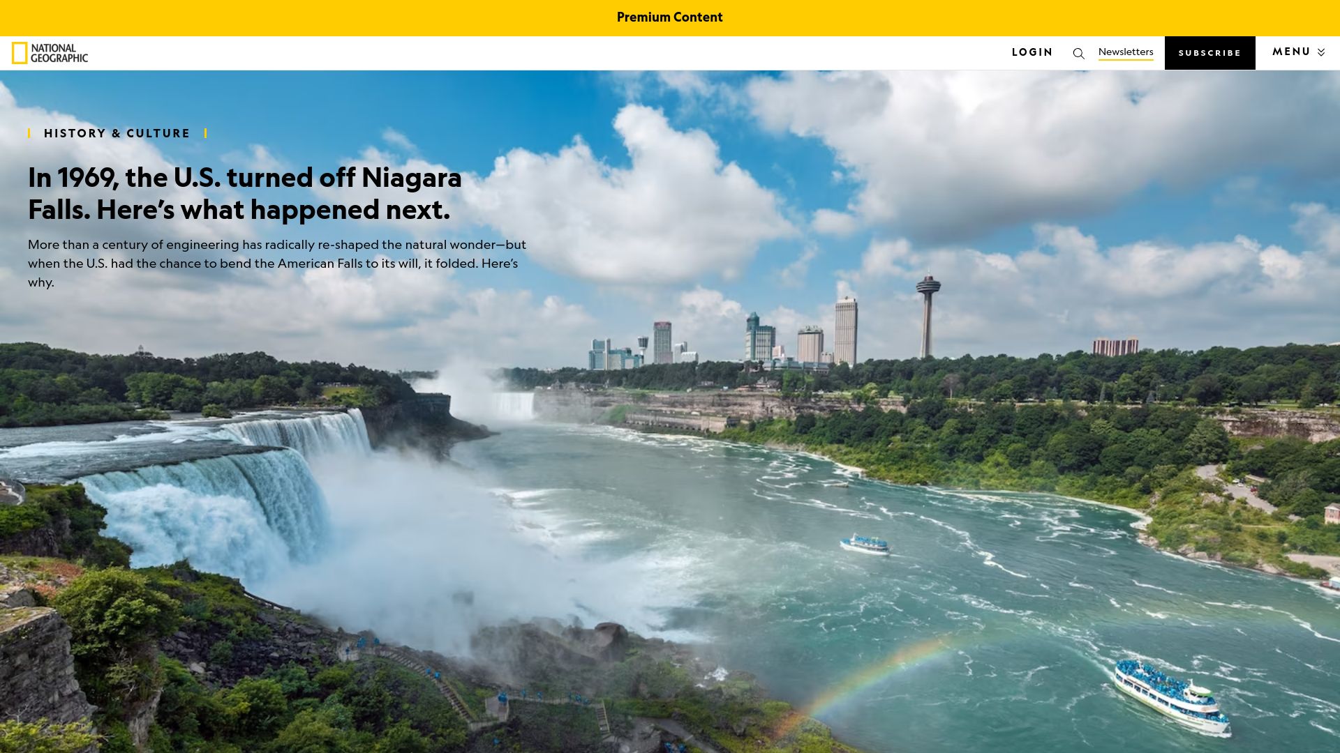 Screenshot of nationalgeographic.com: In 1969, the U.S. turned off Niagara Falls