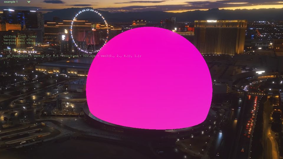 Screenshot of whenistheweekend.com: Write shaders for the (sim) Vegas sphere