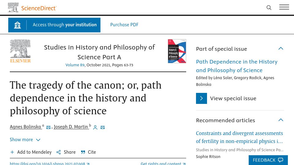 Screenshot of sciencedirect.com: The tragedy of the canon; or, path dependence in the history of science (2021)