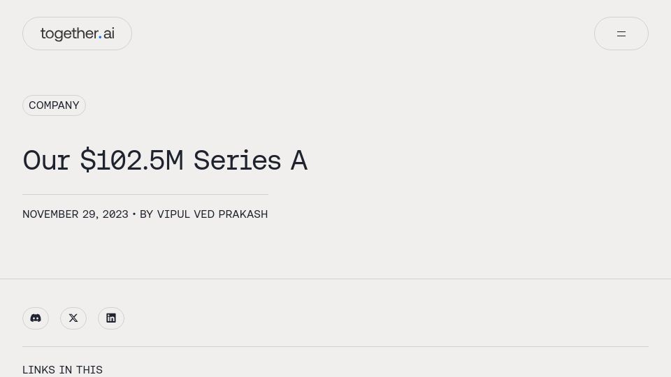 Screenshot of together.ai: Together AI raises a $102.5M Series A