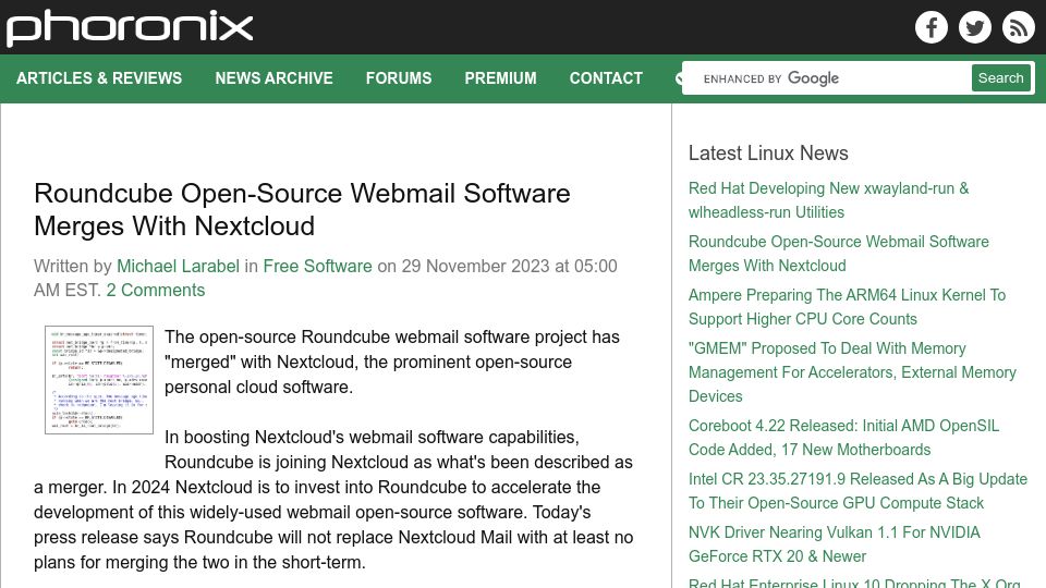 Screenshot of phoronix.com: Roundcube open-source webmail software merges with Nextcloud
