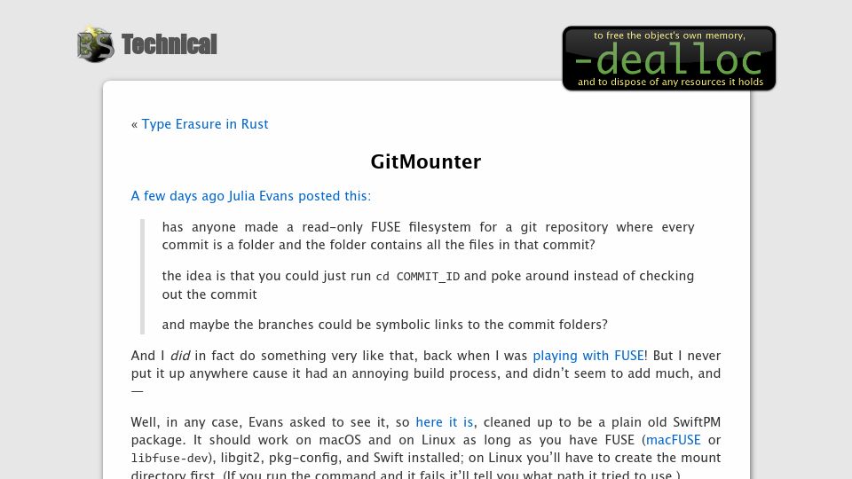 Screenshot of belkadan.com: GitMounter: A FUSE filesystem for Git repositories
