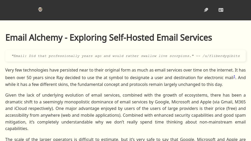 Screenshot of synergeticlabs.com: Exploring Self-Hosted Email Services
