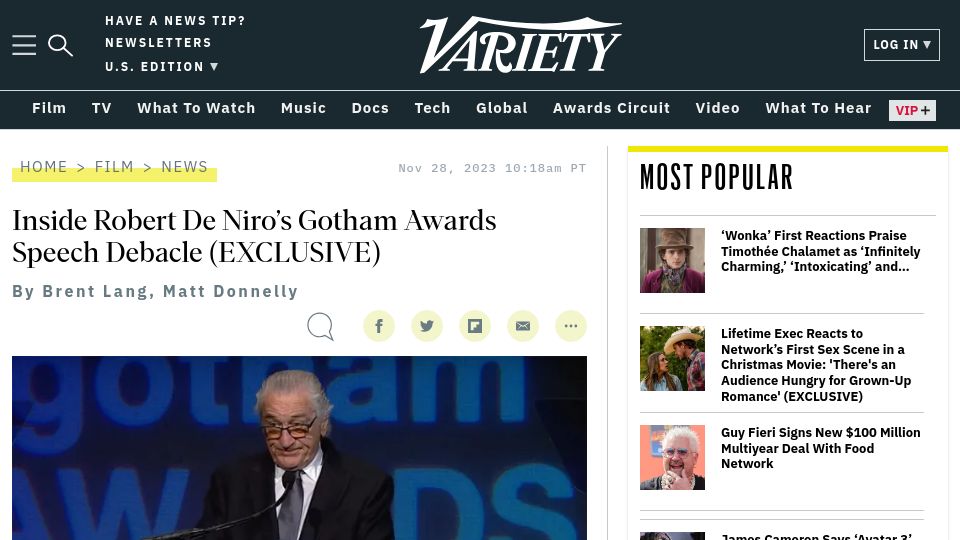 Screenshot of variety.com: Apple censors Robert De Niro's Gotham awards speech