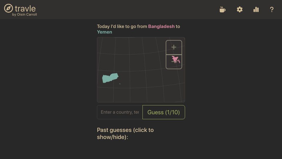 Screenshot of imois.in: Travle: A daily game – get between countries in as few guesses as possible