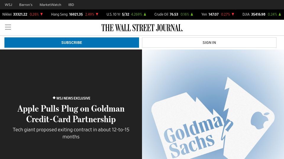 Screenshot of wsj.com: Apple pulls plug on Goldman credit-card partnership