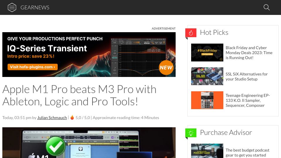 Screenshot of gearnews.com: Apple M1 Pro Beats M3 Pro with Ableton, Logic and Pro Tools