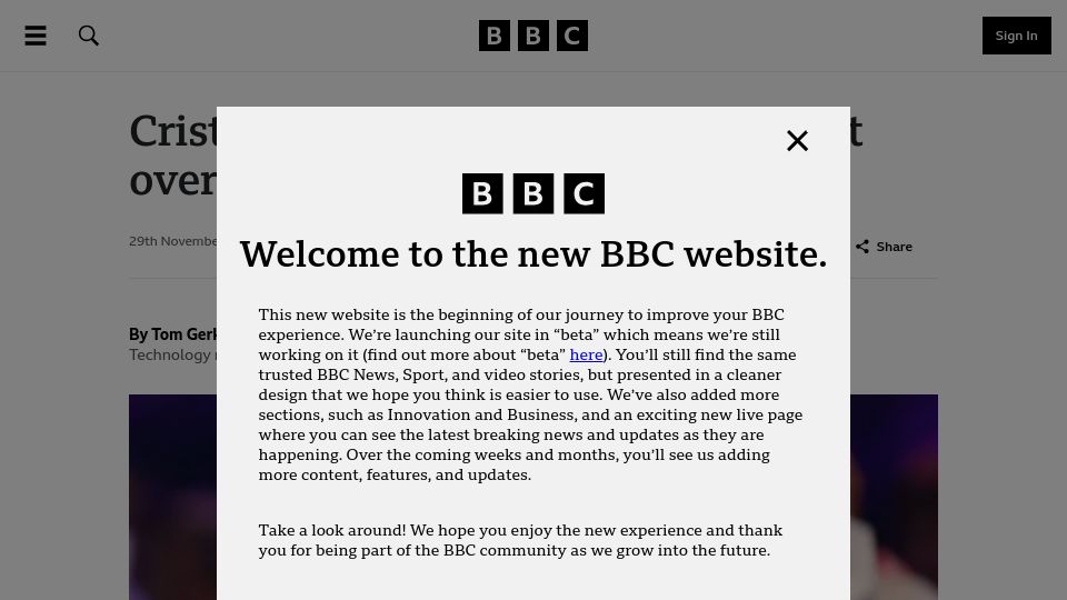Screenshot of bbc.com: Cristiano Ronaldo faces $1B lawsuit over Binance ads