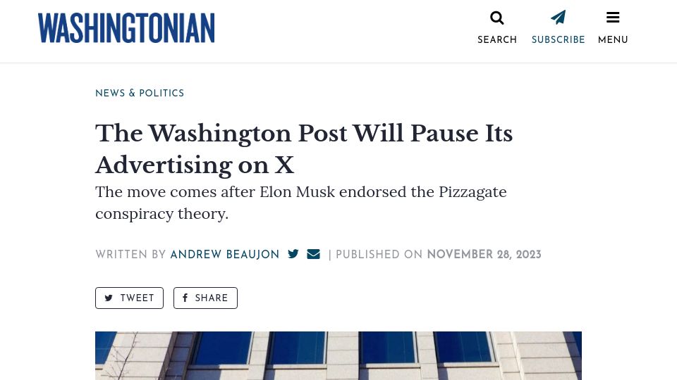 Screenshot of washingtonian.com: The Washington Post Will Pause Its Advertising on X