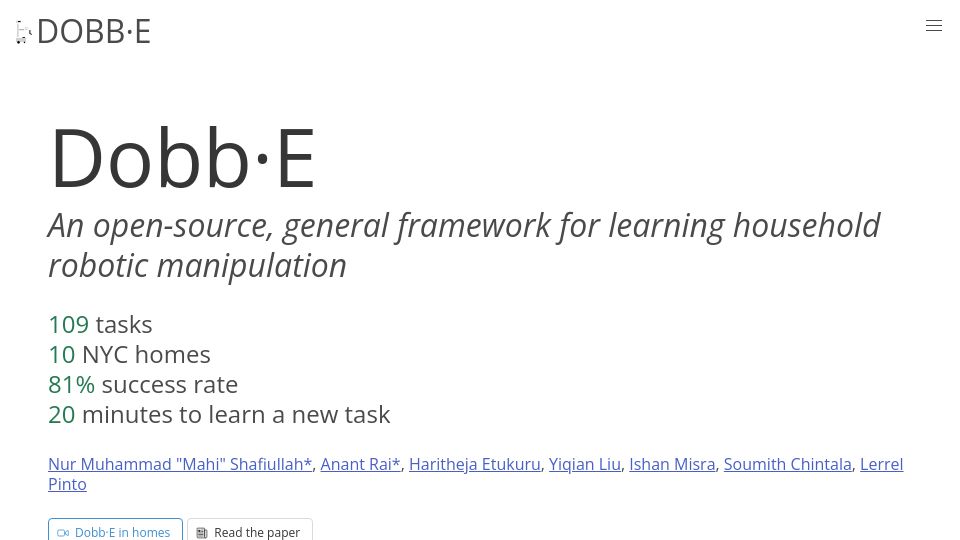Screenshot of dobb-e.com: Dobb·E: An open-source framework for learning household robotic manipulation