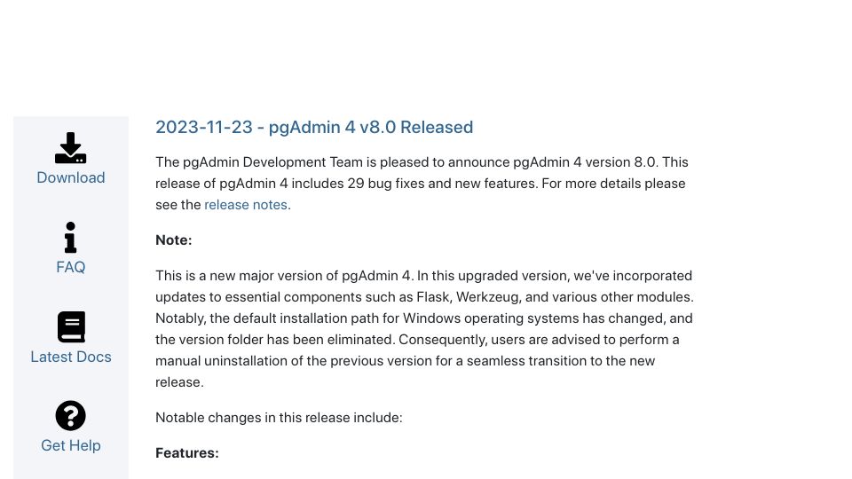 Screenshot of pgadmin.org: PgAdmin 4 v8.0