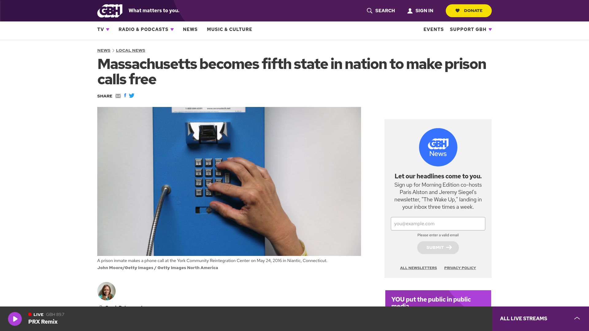 Screenshot of wgbh.org: Massachusetts becomes fifth state to make prison calls free