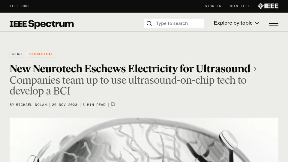 Screenshot of spectrum.ieee.org: New neurotech eschews electricity for ultrasound