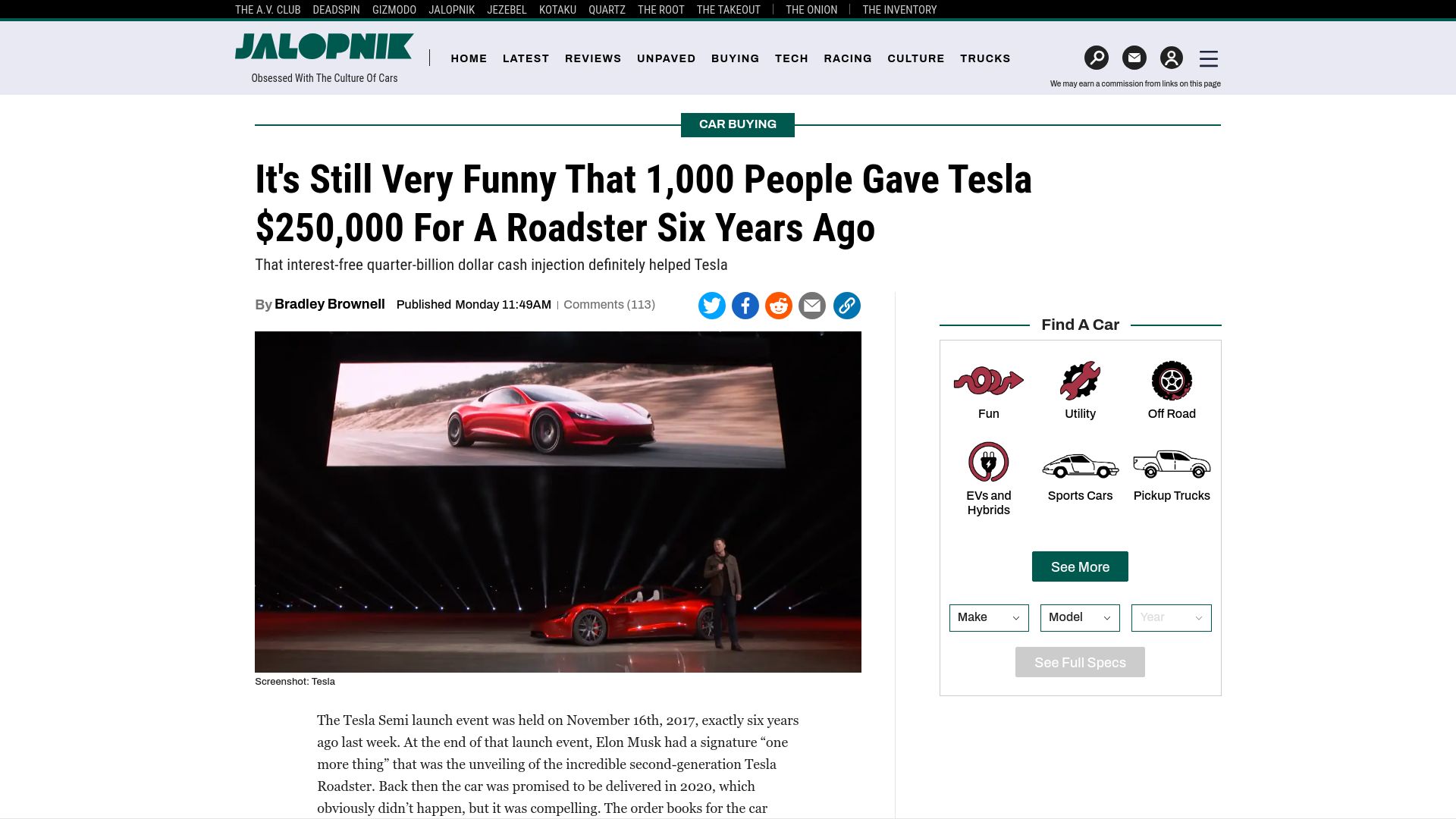 Screenshot of jalopnik.com: It's Still Funny That 1k People Gave Tesla $250k for a Roadster Six Years Ago