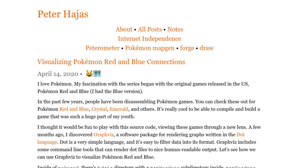 Screenshot of peterhajas.com: Visualizing Pokémon Red and Blue Connections (2020)