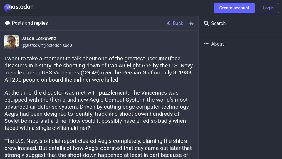 Screenshot of octodon.social: The 1988 shooting down of Flight 655 as a user interface disaster