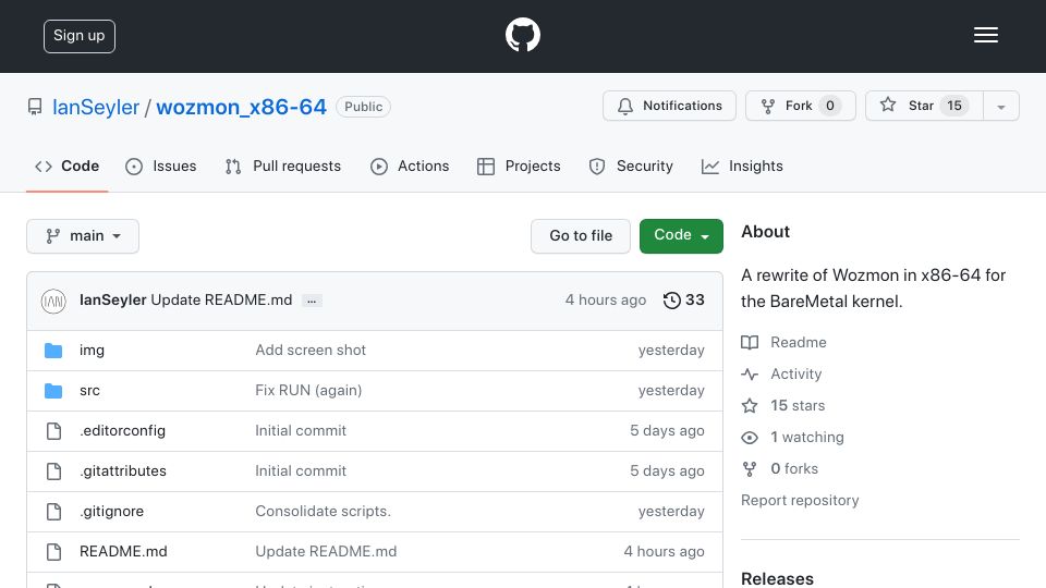 Screenshot of github.com: Wozmon for x86-64