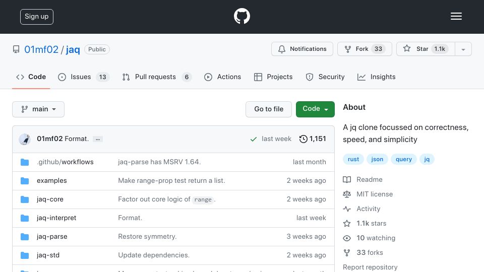 Screenshot of github.com: Jaq – A jq clone focused on correctness, speed, and simplicity