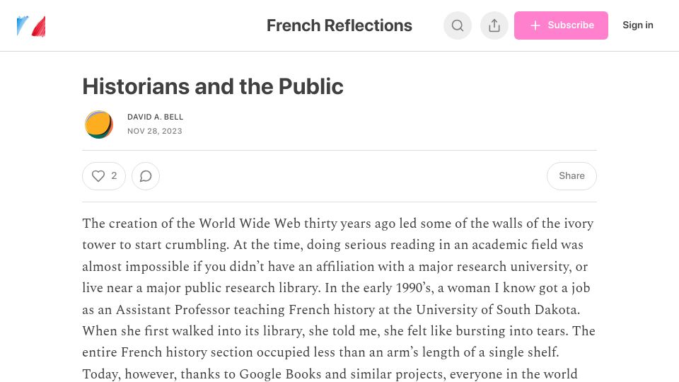 Screenshot of davidabell.substack.com: Historians and the Public