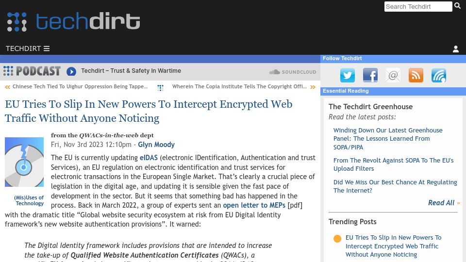 Screenshot of techdirt.com: EU Tries to Slip in New Powers to Intercept Encrypted Web Traffic