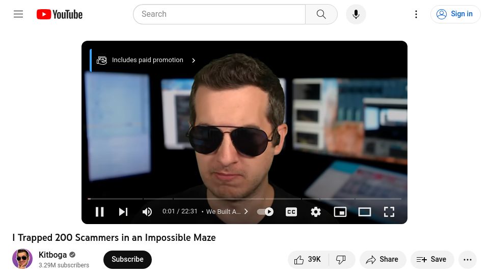 Screenshot of youtube.com: I trapped scammers in an impossible maze [video]