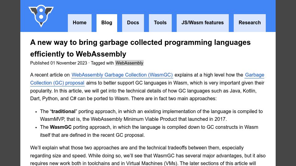 Screenshot of v8.dev: Bringing garbage collected programming languages efficiently to WebAssembly