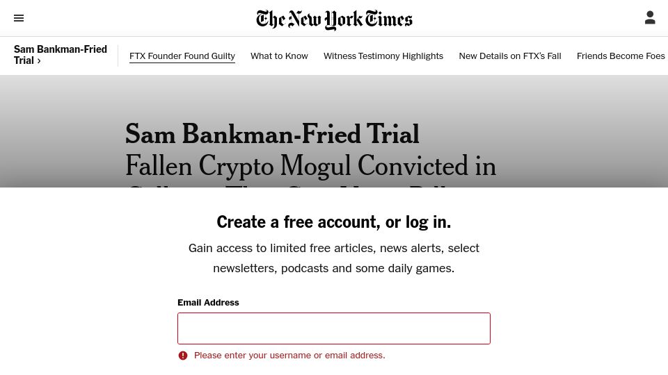 Screenshot of nytimes.com: Sam Bankman-Fried Convicted