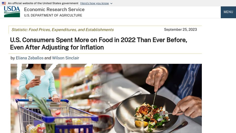 Screenshot of ers.usda.gov: U.S. Consumers Spent More on Food in 2022 Than Ever Before (Inflation Adjusted)