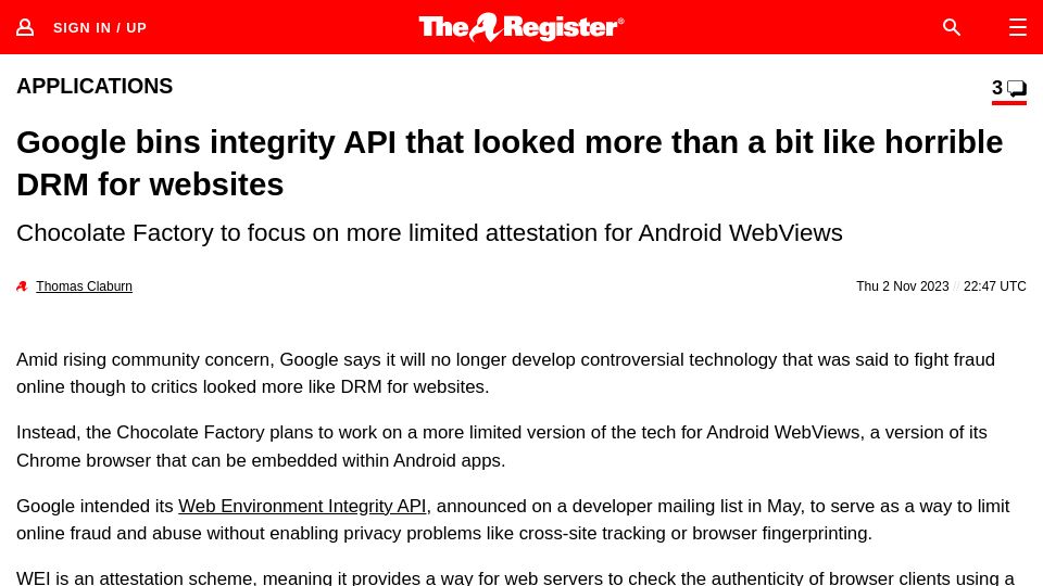 Screenshot of theregister.com: Google Abandons Web Environment Integrity API
